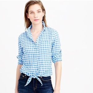 💙 J Crew Blue Gingham Vichy Plaid Cotton Button Down Shirt Casual Top Blouse